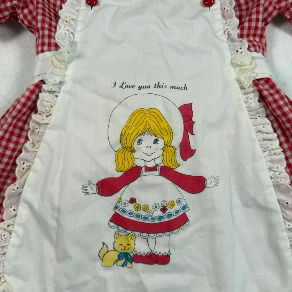 Vintage Sakowitz Girls Red Gingham Apron Dress I Love You This Much 4T Eyelet